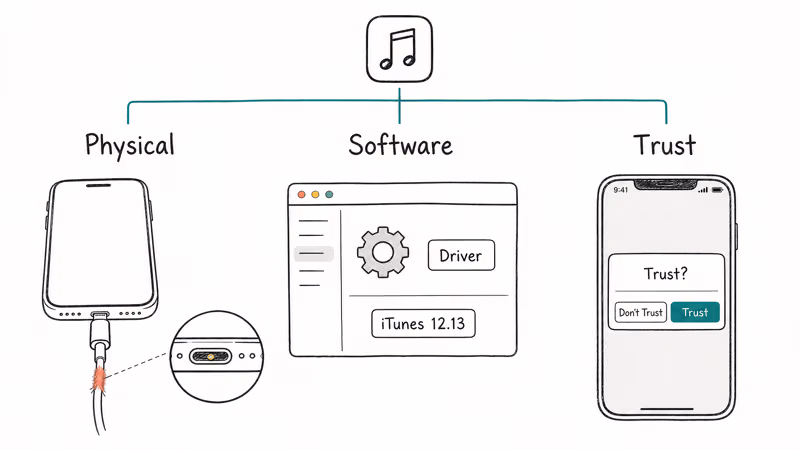 Three-column diagram showing physical, software, and trust causes blocking iTunes from detecting iPhone