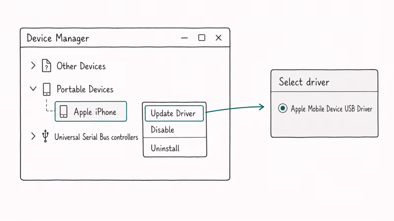 Device Manager view of Apple iPhone and Apple Mobile Device USB Driver entries