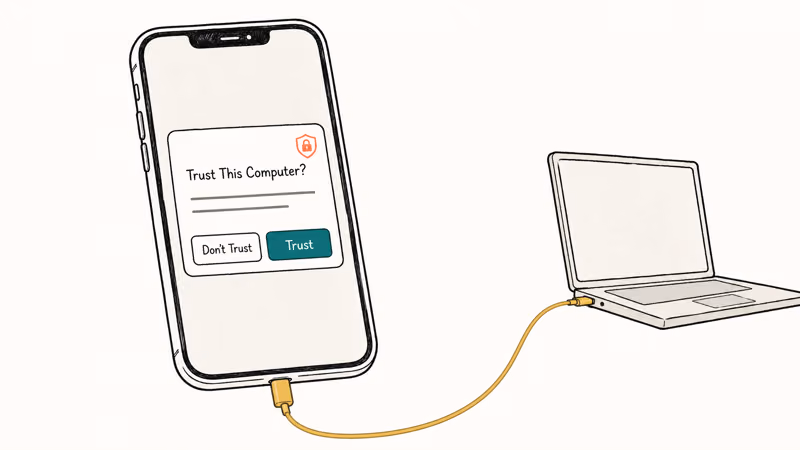 iPhone screen displaying the Trust This Computer dialog with Trust and Don't Trust buttons highlighted