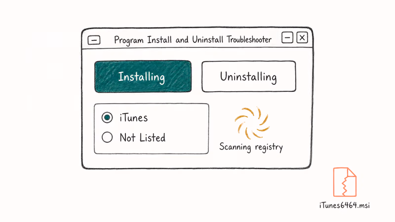 Microsoft Program Install Uninstall Troubleshooter dialog scanning registry for corrupted iTunes installer entries