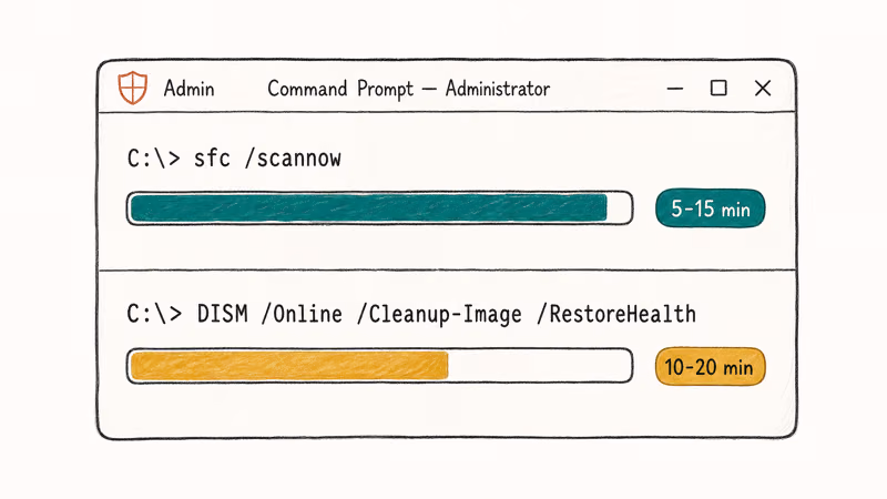 Command Prompt window running sfc scannow followed by DISM RestoreHealth repair commands