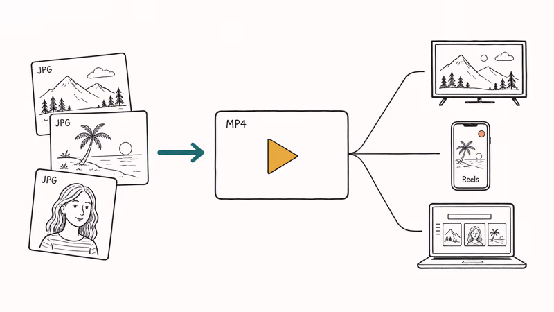 Diagram showing JPG photo stack converting to MP4 for slideshow, social, and presentation uses