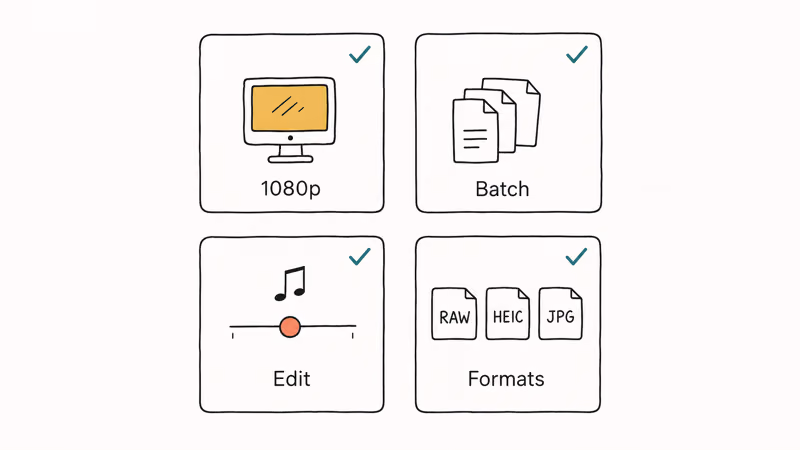 Hand-drawn checklist comparing resolution batch handling customization and format support for JPG to MP4 converters