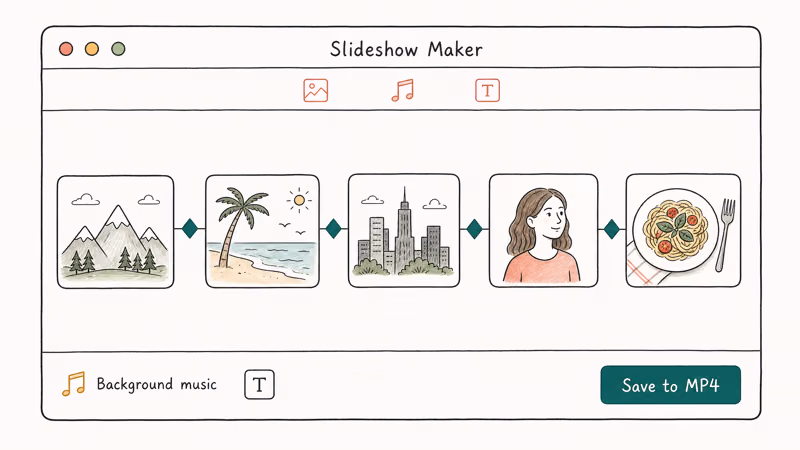 Hand-drawn slideshow editor interface with photo thumbnails timeline transitions music and save to MP4 button