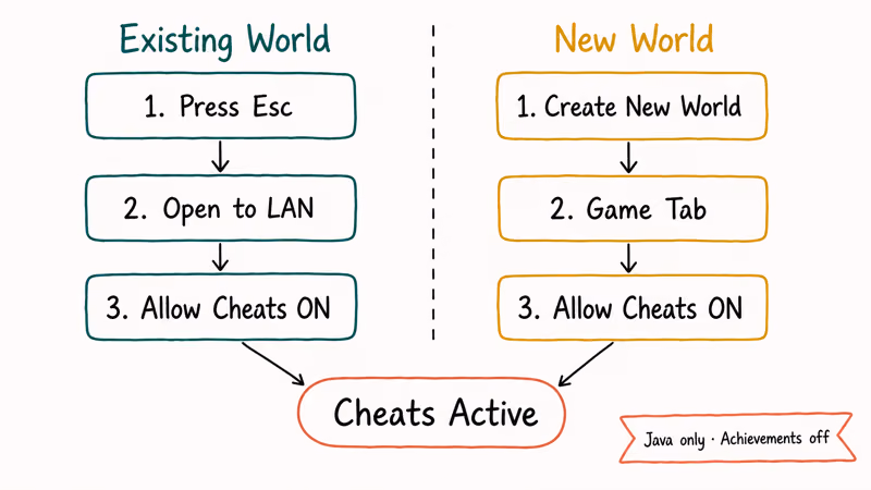 Two-column flowchart comparing existing world and new world routes for enabling Minecraft cheats.