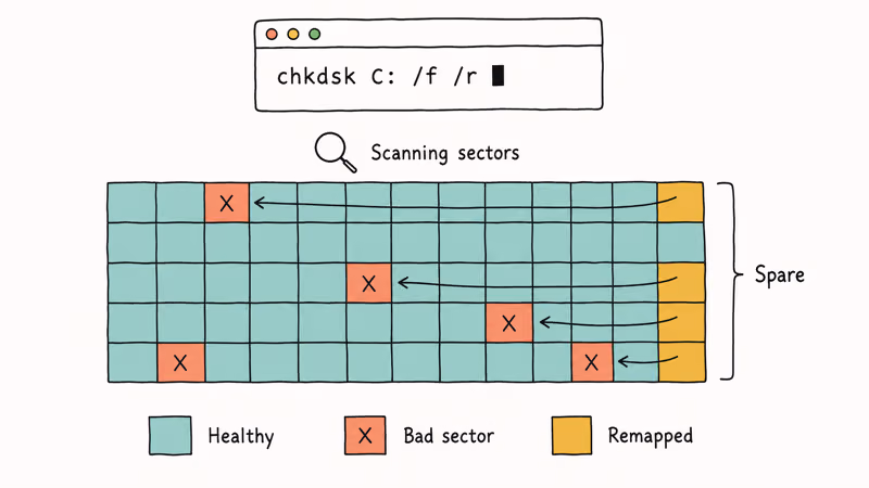 Disk sector grid showing CHKDSK remapping bad sectors during a scan