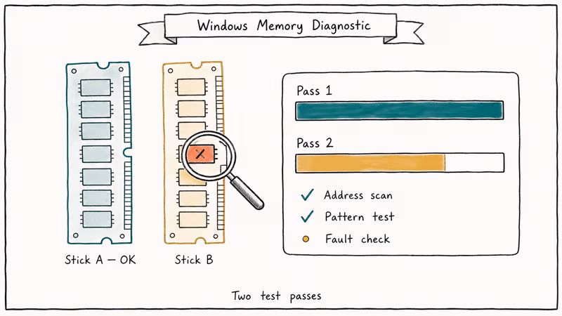 Memory Diagnostic scanning two RAM sticks with one faulty cell highlighted