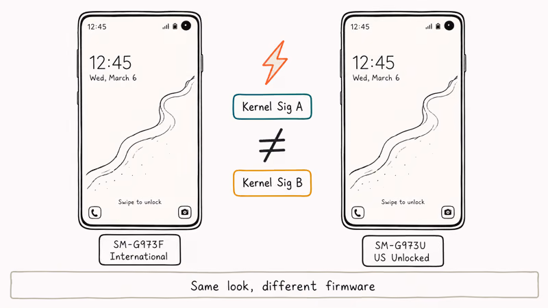 Two identical-looking Galaxy S10 phones labeled SM-G973F and SM-G973U with mismatched kernel signatures.