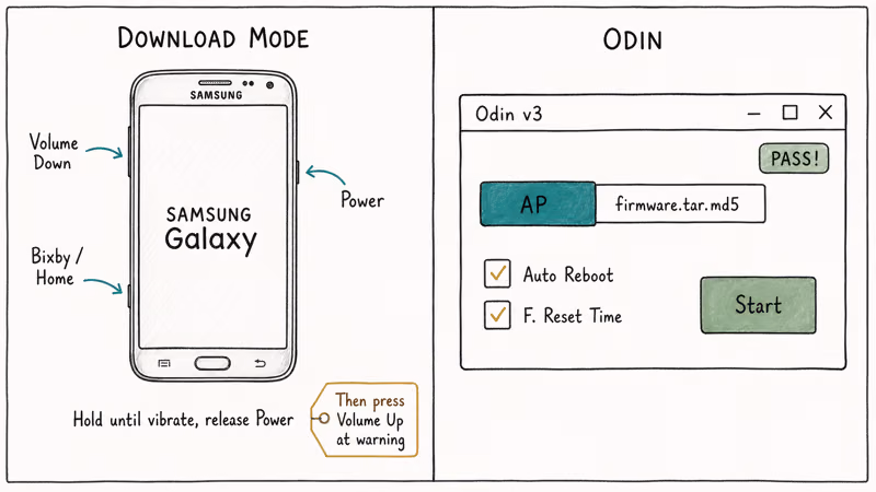 Galaxy Download Mode button combo paired with the Odin window showing AP file and Start.