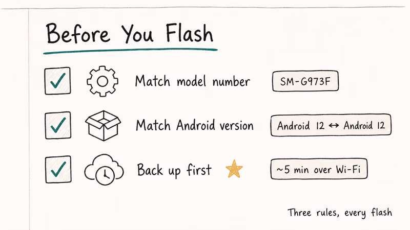 Hand-drawn checklist showing model match, Android version match, and backup rules before flashing firmware.