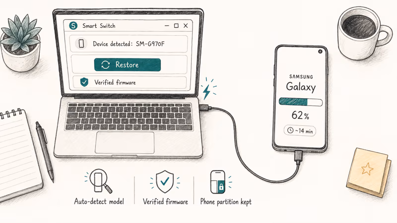 Smart Switch detecting a Galaxy phone over USB and restoring verified firmware