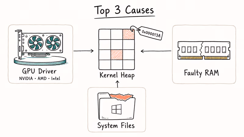 Diagram showing driver, RAM, and system file causes of kernel heap corruption