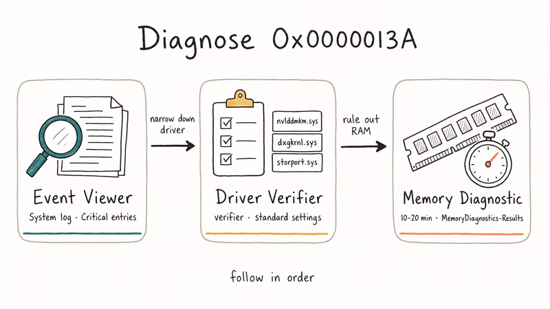 Flowchart showing Event Viewer, Driver Verifier, and Memory Diagnostic for crashes