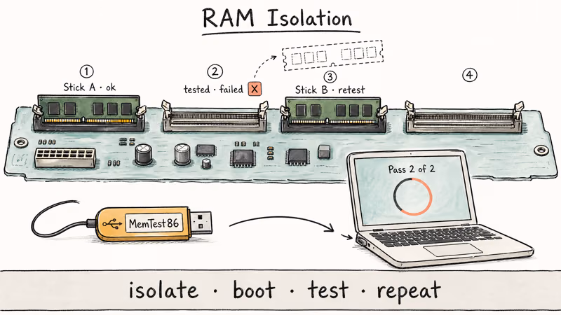 Motherboard RAM slots with one stick removed for MemTest86 isolation