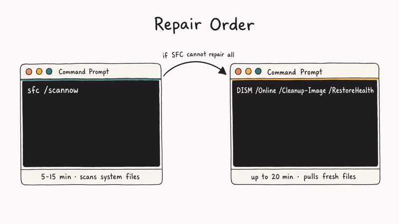 Two terminal cards showing SFC followed by DISM Windows repair commands