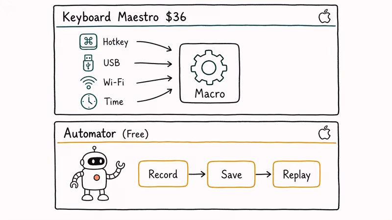 Hand-drawn split panel showing Keyboard Maestro triggers next to macOS Automator workflow recording