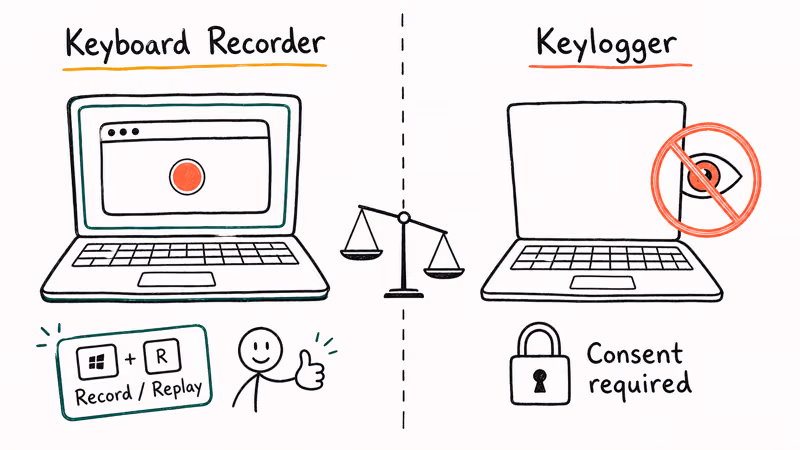 Hand-drawn diagram comparing keyboard recorder controls to keylogger surveillance with consent indicators