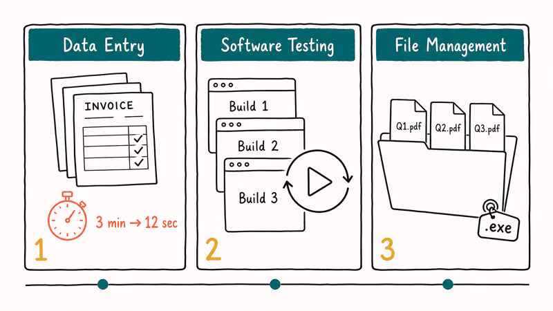 Hand-drawn infographic showing data entry, software testing, and file management macro use cases