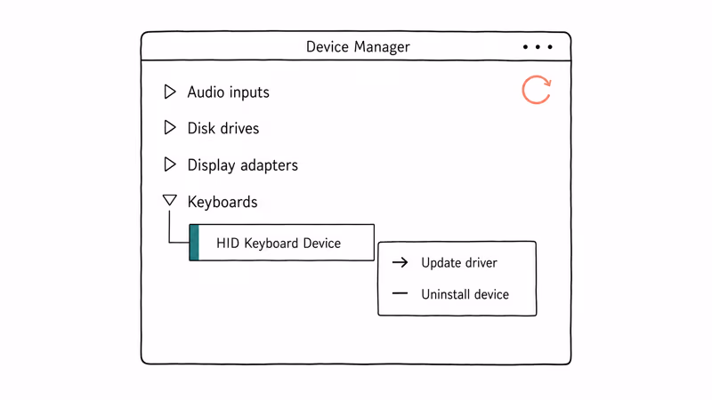 Device Manager showing Keyboards expanded with update and uninstall options highlighted