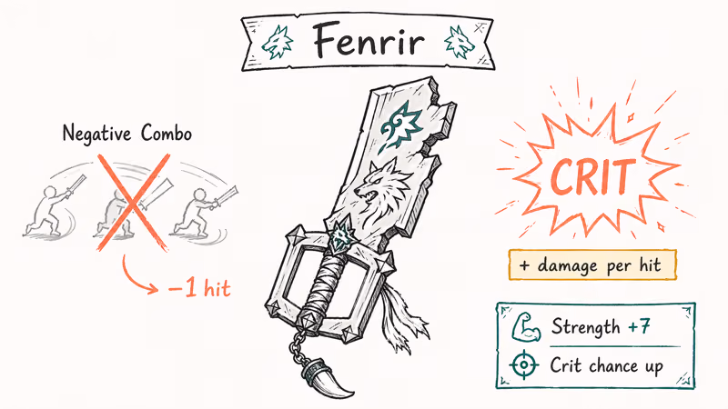 Fenrir Keyblade with critical strike sparks and Negative Combo trade-off shown side by side.