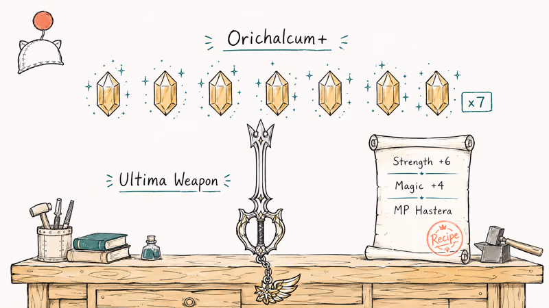Ultima Weapon synthesis bench with Orichalcum crystals and balanced stat scroll