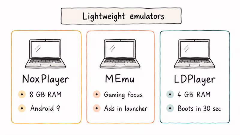 NoxPlayer MEmu and LDPlayer compared by boot time and RAM use