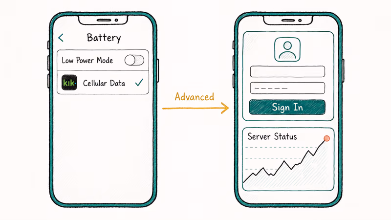 Hand drawn phone settings panels showing low power mode sign in and server status checks