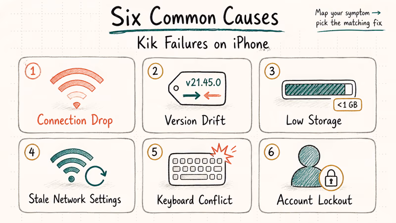 Notion-style chart of six common reasons Kik fails on iPhone with hand-drawn icons