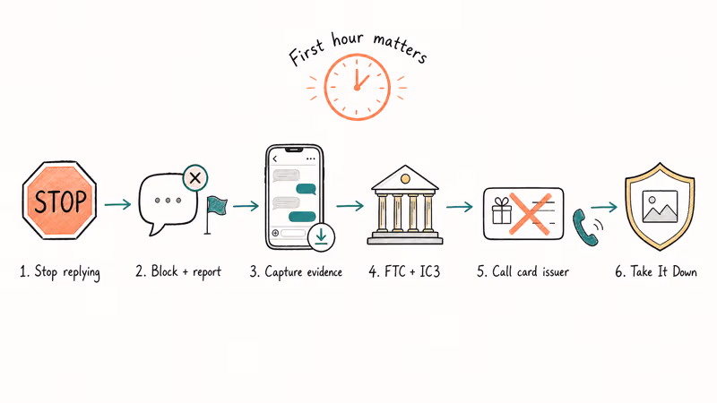 Six-step horizontal flowchart showing the recovery actions to take after being scammed on Kik.