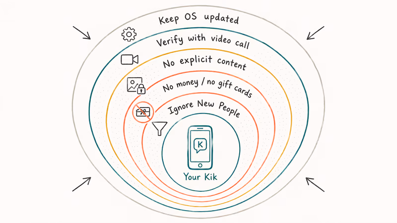 Concentric layered shield diagram showing five overlapping defenses that protect a Kik user from scams.