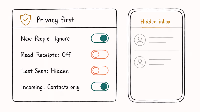 Hand-drawn Kik privacy settings panel with four toggles and a hidden inbox preview