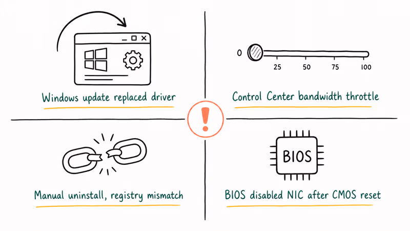 Four driver failure causes for Killer E2200 from updates to BIOS resets