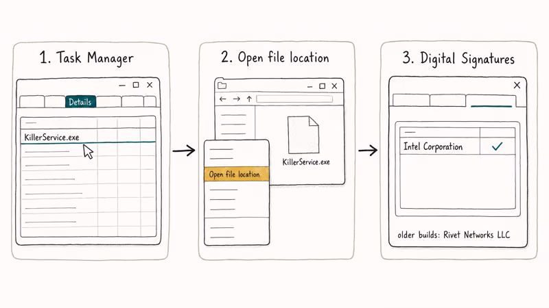 Task Manager flow verifying KillerService path and digital signature