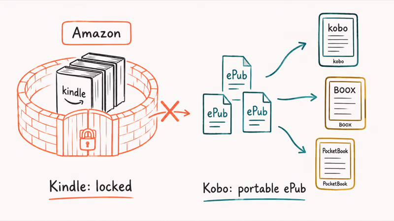 Illustration of Kindle books locked inside Amazon while Kobo ePub files move freely between readers