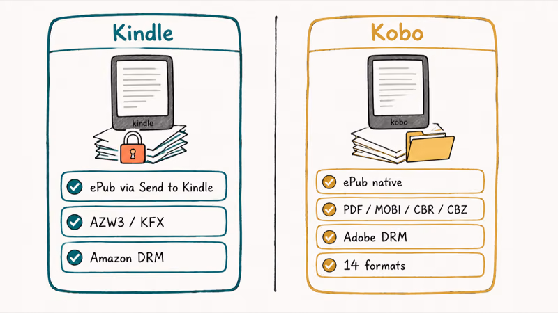 Side-by-side chart comparing Kindle and Kobo supported file formats and DRM wrappers