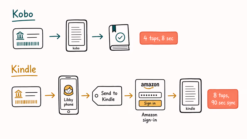 Two paths comparing Kobo native Libby borrowing against Kindle multi-step Send to Kindle route