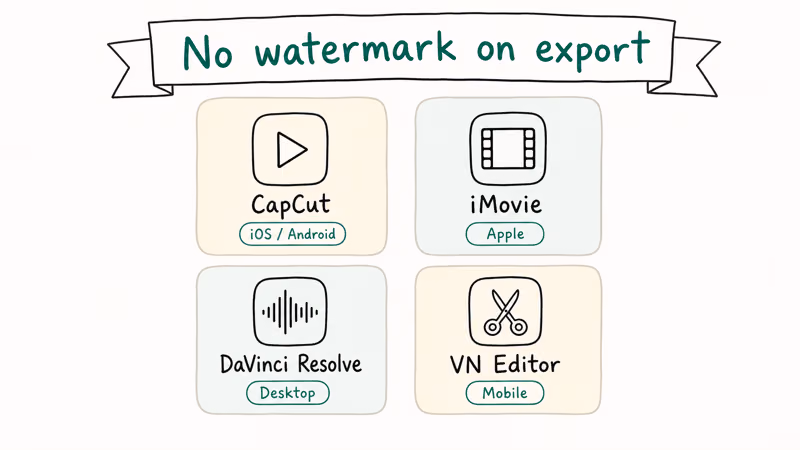 Four free video editor app tiles for CapCut iMovie DaVinci Resolve VN Editor without watermark