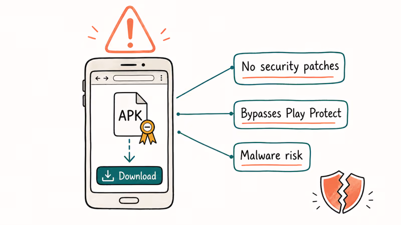 Smartphone downloading suspicious APK file with warning triangle and three security risk callouts
