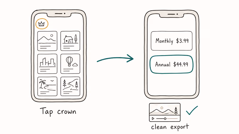 KineMaster app showing crown icon and Premium subscription pricing tiers leading to clean export