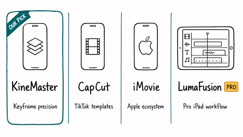 Side-by-side hand-drawn comparison of KineMaster CapCut iMovie and LumaFusion mobile video editors