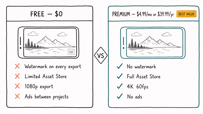 Comparison cards showing KineMaster free tier watermark versus premium plan at monthly and yearly prices