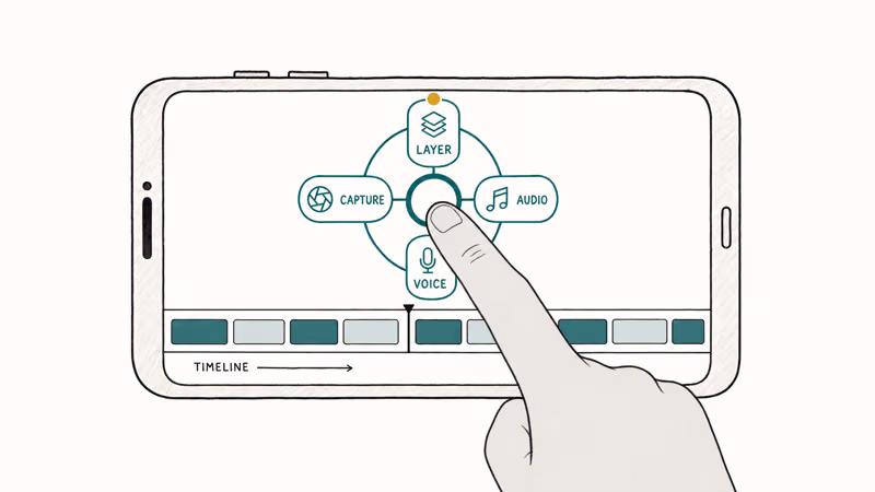 Illustration of KineMaster radial menu with layer audio voice and capture icons fanning out