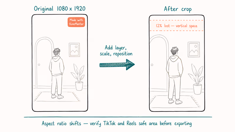 Side by side phone screens showing vertical space lost when cropping out the KineMaster watermark.