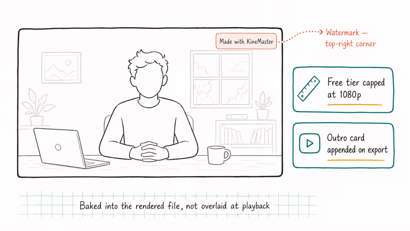 Diagram showing where the KineMaster watermark sits on a free tier video export frame.