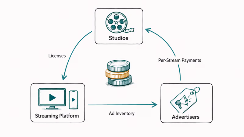 Triangle diagram showing how studios, ad-supported streaming platforms, and advertisers exchange licenses, inventory, and payments.