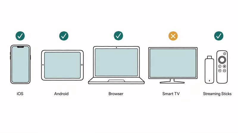 Row of supported devices with check marks for legal streaming apps