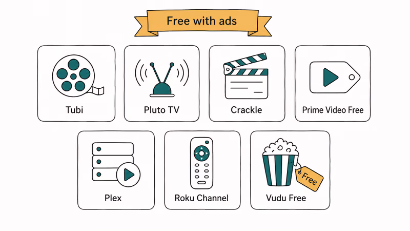 Grid of seven free legal streaming app tiles from this guide