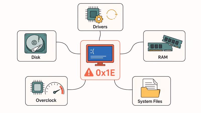 Hand drawn diagram mapping kmode BSOD to driver RAM system file overclock and disk causes
