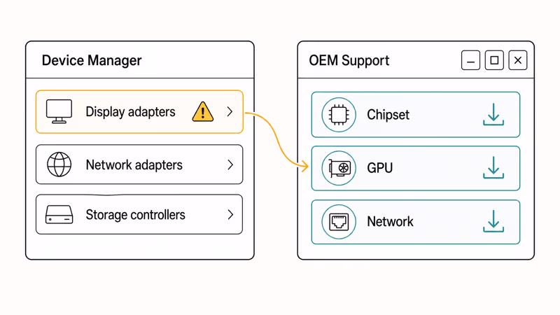 Device Manager warning triangle alongside OEM driver download page after Windows upgrade compatibility check