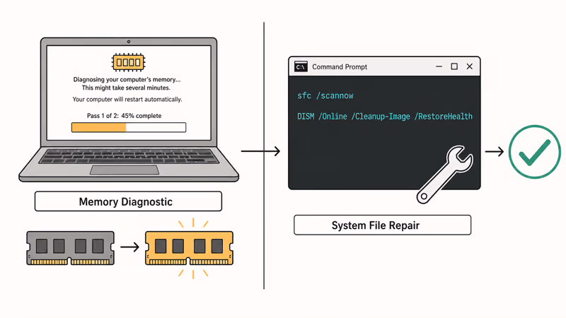 Memory Diagnostic restart and SFC DISM Command Prompt commands repairing Windows system files
